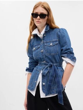 GAP Puff Sleeve Denim Field Surplus Jacket Belted Blue Trench Women's Sz L